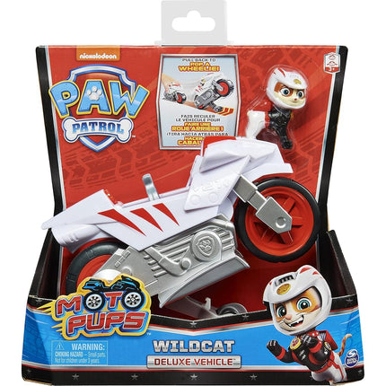 Paw Patrol, Moto Pups Wildcat’s Deluxe Pull Back Motorcycle Vehicle with Wheelie Feature and Figure