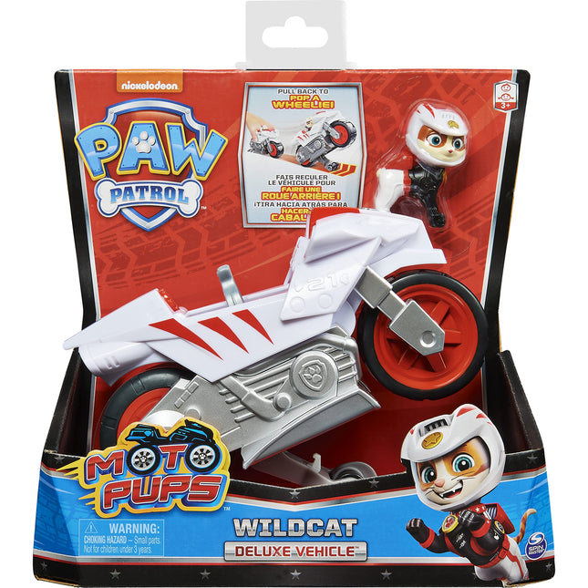 Pat' Patrouille, Moto Pups, La moto à rétrofriction Deluxe de Wildcat avec fonction wheelie et figurine
