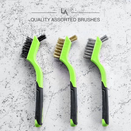 Lavaxon Wire Brush Set 3Pcs - Nylon/Brass/Stainless Steel Bristles with Curved Handle Grip for Rust, Dirt & Paint Scrubbing with Deep Cleaning – 7 Inches (Green)