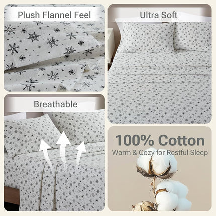 Sleep Philosophy True North Flannel Sheets King Size, Cozy 100% Cotton Flannel Bed Sheets, Ultra Soft Cute Sheet Set, Novelty Print Themed Cold Weather Warm Bedding Set, Black Snowflakes, 4 Piece