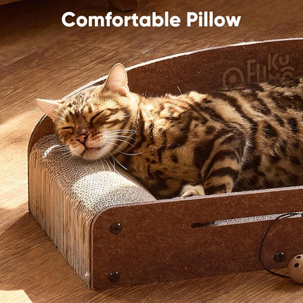 FUKUMARU 26 Inch Cat Scratcher Cardboard Lounge Bed, Durable Cat Scratcher Bed Large Lounger, 2 Reversible Cat Scratching Pads for Indoor Cats, Recyclable Cat Scratch Bed Cardboard with Bell Ball Toy