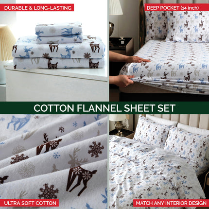 Elegant Comfort Ultra Soft 4-Piece 100% Turkish Cotton Flannel Sheet Set - Holiday Christmas Flannel Sheets, Warm and Cozy Anti-Pill Premium Quality, Deep Pocket Fitted Sheet- Twin XL, Brown Deer