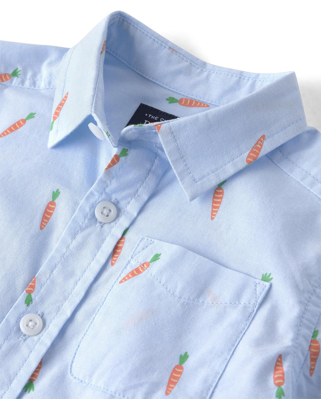 The Children's Place Baby Boys' and Toddler Poplin Long Sleeve Button Down Shirt, Blue Carrot Print, 18-24 Months