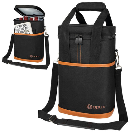 Opux 4 Bottle Insulated Wine Cooler Bag - Leakproof Padded Portable Wine Bottle Carrier for Travel Picnic BYOB Gift (Brown)