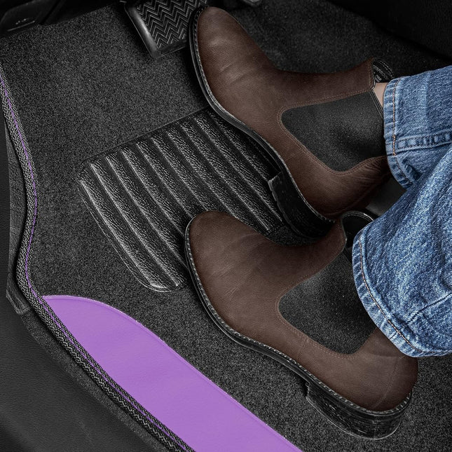 BDK Two-Tone Carpet Car Floor Mats with Faux Leather Accents, Automotive Floor Mat Set with Built-in Heel Pad, Stylish Interior Car Accessories (Purple)