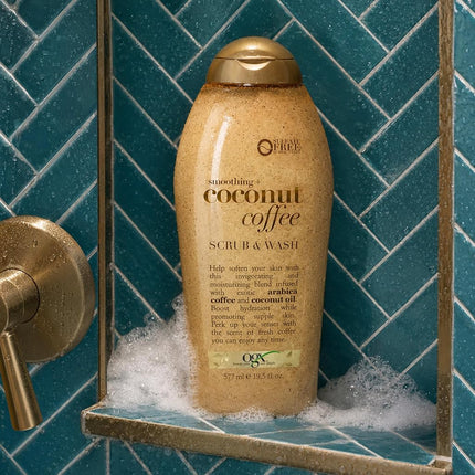 OGX Smoothing + Coconut Coffee Exfoliating Body Scrub with Arabica Coffee & Coconut Oil, Moisturizing Body Wash for Dry Skin, Paraben-Free with Sulfate-Free Surfactants, 19.5 Fl Oz