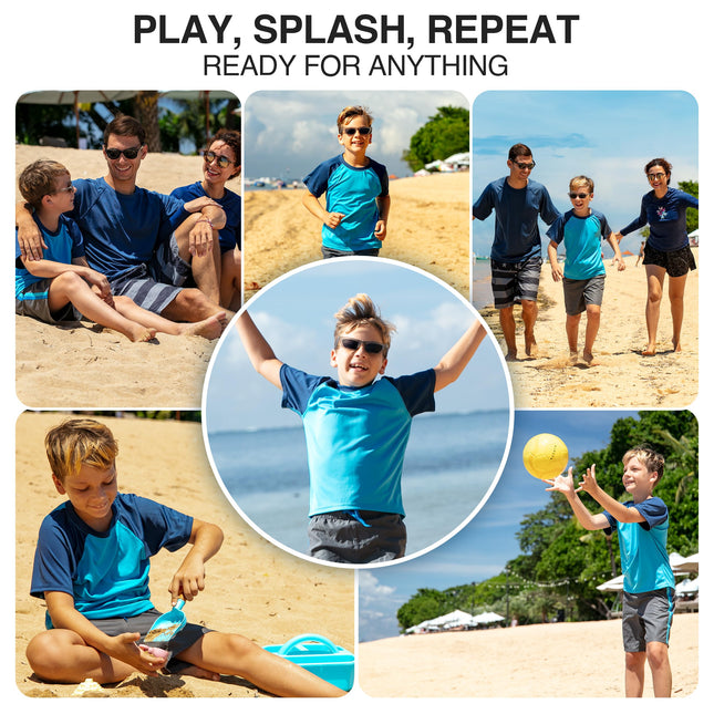 Kanu Surf Boys' Toddler Short Sleeve UPF 50+ Rashguard Swim Shirt, Contrast Aqua, 2T