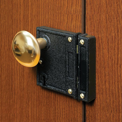 Prime-Line E 2437 Vertical Trim Vintage Lock Set – Cast Steel Construction, Brass Plated Knobs, Antique Skeleton Key Locking System – 2-1/2” Backset, Surface Mounted on Right-Hand Swing-In Interior Doors