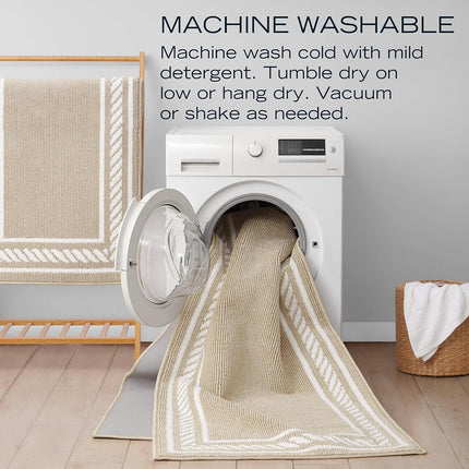 Nautica – Runner Rug 2 Piece Set | Indoor Runners for Hallways and Entry Rugs| Non-Skid Entry and Kitchen Door Mat| Machine Washable Carpet Rugs | 2'2" x 3'9" and 2'2" x 5' | Rope Border Beige