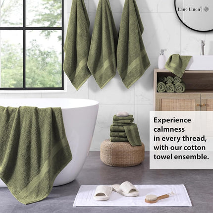 LANE LINEN Cotton Bath Towels for Bathroom - 18 PC 100% Cotton Towels - 4 Bathroom Towel Set, 6 Hand Towels for Bathroom, 8 Washcloths, Soft Turkish Towel Sets for Bathroom, Travel Towel - Oil Green