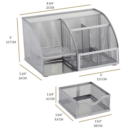 Annova Mesh Desk Organizer Office with 7 Compartments + Drawer/Desk Tidy Candy/Pen Holder/Multifunctional Organizer (Silver)