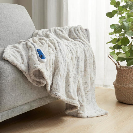 Beautyrest Zuri Reversible Faux Fur to Mink Electric Blanket, Auto Shut Off, Virtually Zero EMF, Multi Heat Setting, UL Certified, Machine Washable, Snow Leopard Throw 50x70
