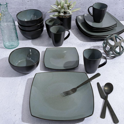 Gibson Soho Lounge Square Reactive Glaze Stoneware Dinnerware Set, Service for 4 (16pc), Eclipse
