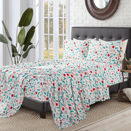Elegant Comfort Luxuriously Soft 4-Piece Holiday Velvet Plush Flannel Sheet Set - Premium Quality - Cozy Warm, Christmas Fuzzy Velvet Flannel Fleece Deep Pocket Sheet Set - Twin XL, Winter Bloom
