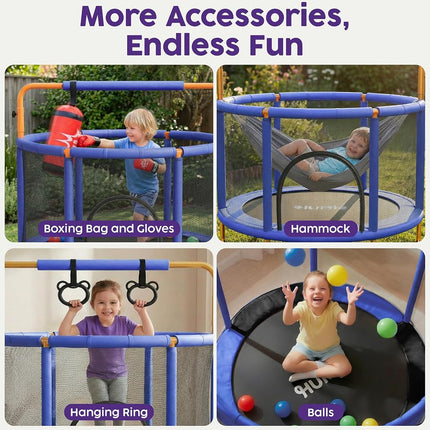 Hurtle Kids Trampoline 55 Inch with Enclosure Indoor Outdoor – Toddler Trampoline with Swing, Gymnastic Rings, Boxing Bag, Adjustable Bar 54kg Capacity for Age 3+