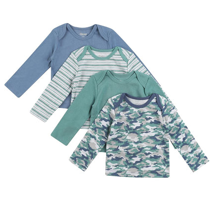 Hanes Baby and Toddler Long Sleeve Flexy Soft Knit Expandable Shoulder Pullover Undershirt (4 Pack), Dusty Blue/Green, 0-6 Months