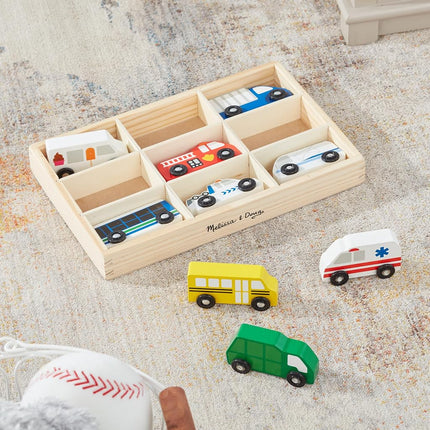 Melissa & Doug Wooden Town Vehicles Set (Wooden Storage Tray, 9 Pieces)