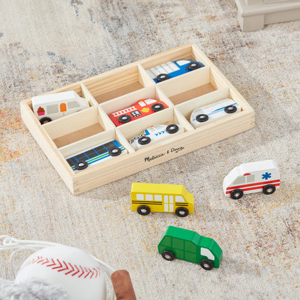 Melissa & Doug Set de vehículos de madera para la ciudad (bandeja de madera para guardar, 9 piezas)