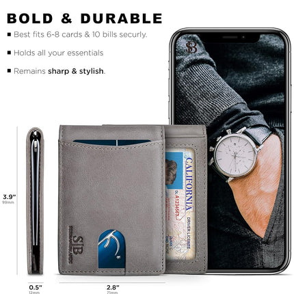 SERMAN BRANDS RFID Blocking Slim Bifold Genuine Leather Minimalist Front Pocket Wallets for Men with Money Clip Thin Gift, Slate Gray 1.S, Small