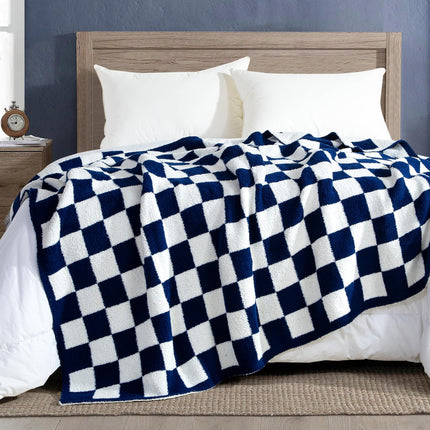 Elegant Comfort Checkered Throw Blanket, Navy Blue Super Soft Cozy Fluffy Warm Throw Blankets for Couch, Sofa, Chair, Bed, Camping, Picnic, Travel Lightweight Bed Blanket (50" x 70")
