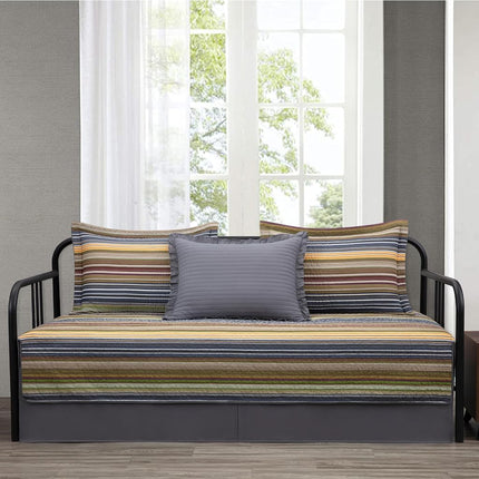 Chezmoi Collection Avery Striped Cotton Quilt Set Daybed Size, 5-Piece Soft Pre-Washed 100% Cotton Quilt, Multi-Color Green