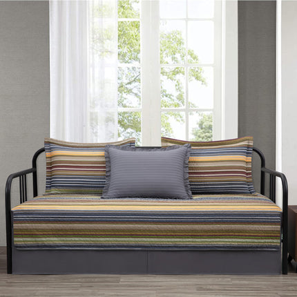 Chezmoi Collection Avery Striped Cotton Quilt Set Daybed Size, 5-Piece Soft Pre-Washed 100% Cotton Quilt, Multi-Color Green