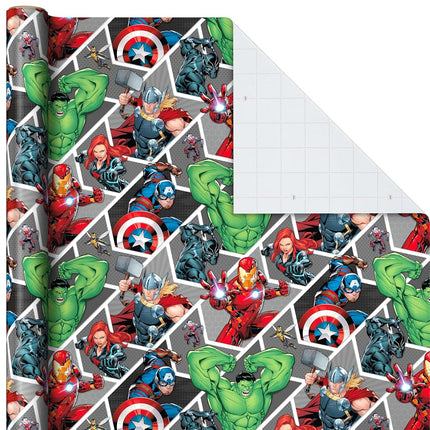 Hallmark Avengers Wrapping Paper with Cut Lines on The Reverse (3-Pack: 60 sq. ft. TTL) with Captain America, Iron Man, Black Widow, Thor and Hulk for Birthdays, Christmas, Father's Day and More