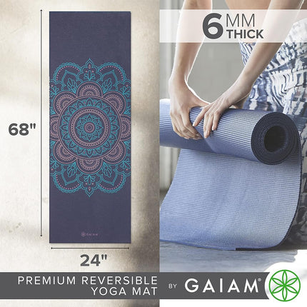 Gaiam Yoga Mat Premium Print Reversible Extra Thick Non-Slip Exercise Fitness Mat for All Types of Yoga, Pilates and Floor Training, Purple Illusion 6mm