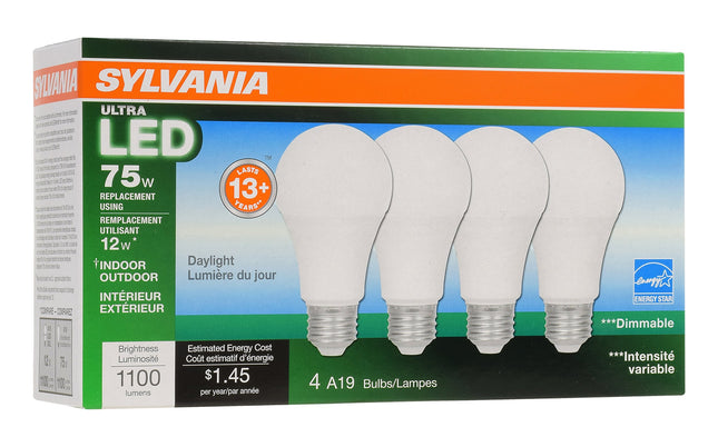 Sylvania Home Lighting 74429 LED Light Bulb, A19 Lamp, 4 Pack, 12 W, Dimmable, 80 CRI, 1100 Lumen, 5000K