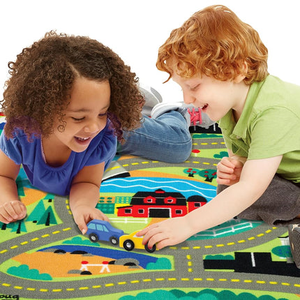 Melissa & Doug Round the Town Road Rug & Car Set (Cars & Trucks, Safe for All Floors, 4 Wooden Cars, Frustration-Free Packaging)