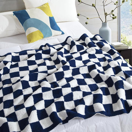 Elegant Comfort Checkered Throw Blanket, Navy Blue Super Soft Cozy Fluffy Warm Throw Blankets for Couch, Sofa, Chair, Bed, Camping, Picnic, Travel Lightweight Bed Blanket (50" x 70")