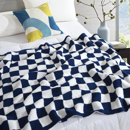 Elegant Comfort Checkered Throw Blanket, Navy Blue Super Soft Cozy Fluffy Warm Throw Blankets for Couch, Sofa, Chair, Bed, Camping, Picnic, Travel Lightweight Bed Blanket (50" x 70")