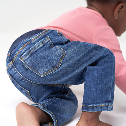 Gerber Baby Toddler Jeans ajustados de mezclilla elástica con cintura de canalé, mezclilla azul, 12 meses