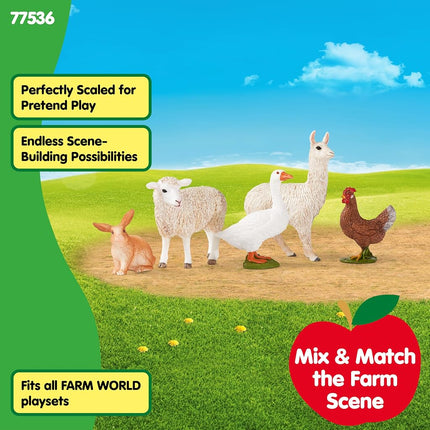 schleich Farm World - Lote de 5 figuras de animales bonitas con conejo de juguete, oveja, llama, pollo y ganso - Set de juego de figuras realistas de granja - Juguetes educativos para niños pequeños - Niños y niñas a partir de 3 años | 77536