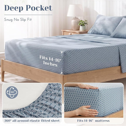 Comfort Spaces 100% Cotton Sheets Queen, Breathable, Naturally Cool Cotton Sheets, Soft Cotton Bed Sheets with 14" Elastic Pocket Fits up to 16" Mattress, All Seasons Sheet Set, Diamond Blue 4 Piece