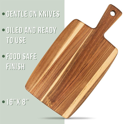 Acacia Wood Cutting Board and Chopping Board with Handle for Meat, Cheese Board, Vegetables, Bread, and Charcuterie - Decorative Wooden Serving Board for Kitchen and Dining Room, 16" x 8"