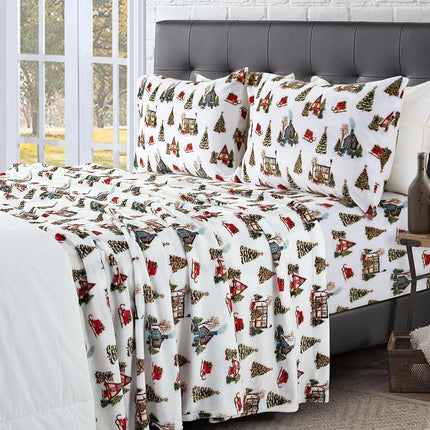 Elegant Comfort Luxuriously Soft 4-Piece Holiday Velvet Plush Flannel Sheet Set - Premium Quality - Cozy Warm, Christmas Fuzzy Velvet Flannel Fleece Deep Pocket Sheet Set - Twin XL, Bungalow