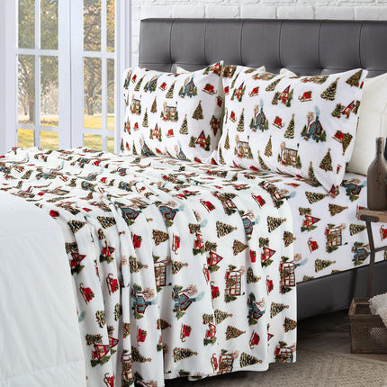 Elegant Comfort Luxuriously Soft 4-Piece Holiday Velvet Plush Flannel Sheet Set - Premium Quality - Cozy Warm, Christmas Fuzzy Velvet Flannel Fleece Deep Pocket Sheet Set - Twin XL, Bungalow
