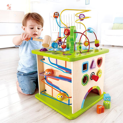 Hape Country Critters Play Cube| Wooden Learning Puzzle Toy for Toddlers, 5-Sided Activity Centre with Animal Friends, Shapes, Mazes, Wooden Balls, Shape Sorter Blocks and More