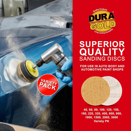 Dura-Gold - Premium - Variety Pack (40,60,80,120,220,320,400,600,800,1000) - 3" Gold Hook & Loop Sanding Discs for DA Sanders - Box of 50 Sandpaper Finishing Discs for Automotive and Woodworking