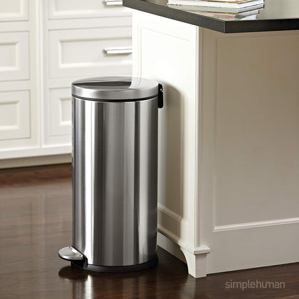 simplehuman CW1810 30L Round Kitchen Pedal Bin, Strong Steel Pedal, Silent Soft Close Lid, Inner Bucket, Stay-Open Lid, Non-skid Base, Slim Profile Hinge, Fingerprint-Proof, Brushed Stainless Steel