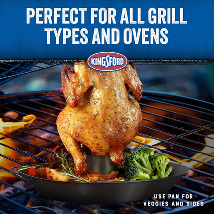 Kingsford Beer Can Chicken Holder & Grill Pan – 2-in-1 Non-Stick Carbon Steel Roasting Rack & 12" Perforated BBQ Pan for Crispy, Juicy Grilled Chicken