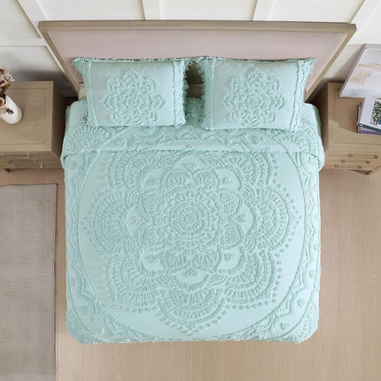 Beatrice Home Fashions Standard Sham, Blue, Lotus Medallion 100% Cotton Chenille, Soft, Cozy, Lightweight, Fringe