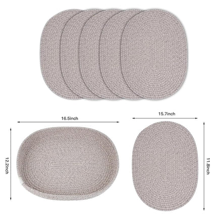 Handmade Boho Placemats Set of 6 Oval – Natural Woven Cotton Farmhouse Table Mats for Dining Table, Fall, Halloween, Thanksgiving, Christmas (Mix Brown, Oval 16 * 12)