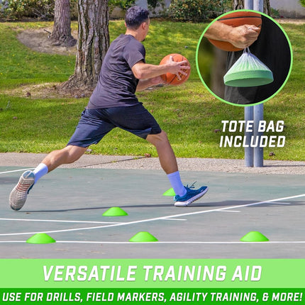 GoSports Premium Sports Cones for Agility Training and Drills - 20 Pack with Tote - Green