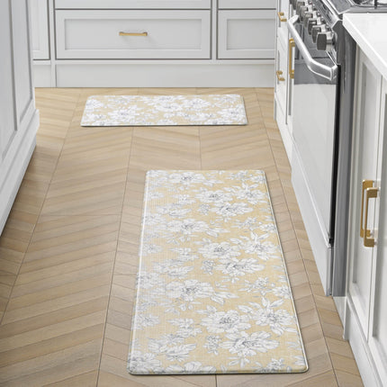 Laura Ashley - Anti-Fatigue Kitchen Mat, Iris Floral Design, Stain, Water & Fade Resistant, Cooking & Standing Relief, Non-Slip Backing, 2 Piece Set: 17.5" x 60" / 17.5" x 28" Yellow Iris