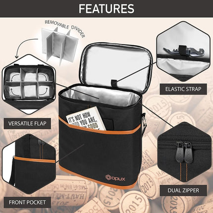 opux Wine Bag, 4 Bottle Wine Cooler Bag, Insulated Wine Tote Carrier for Travel Picnic BYOB, Leakproof Padded Portable Wine Bottle Bag for Wine Lovers Gift Women Men Christmas (Black), Brown, 6 Bottle