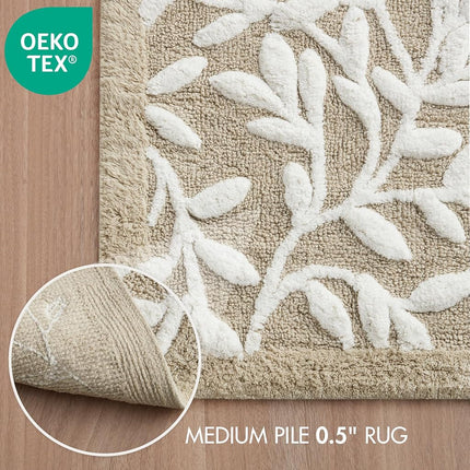 Madison Park Serene 100% Cotton Tufted Bathroom Rug - High & Low Tufting Floral Leaf Design, Quality Luxurious Plush Medium Pile Bath Mat Absorbent, Quick Dry, Shower Room D�cor, 21x34 Taupe
