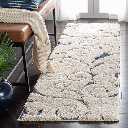 Safavieh Florida Shag Collection SG455-1165 Scrolling Vine Graceful Swirl Runner, 2' 3" x 9', Cream/Blue