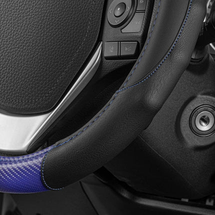 BDK GripDrive Blue Carbon Fiber Steering Wheel Cover, Standard 15 inch Size, Black Faux Leather Comfort Grip, Car Steering Wheel Cover for Auto Truck Van SUV